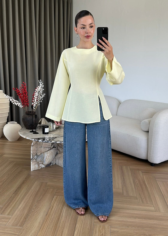Keten Yırtmaçlı Bluz SARI