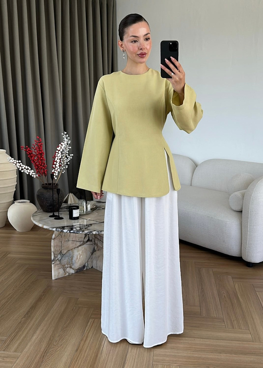 Keten Yırtmaçlı Bluz YEŞİL