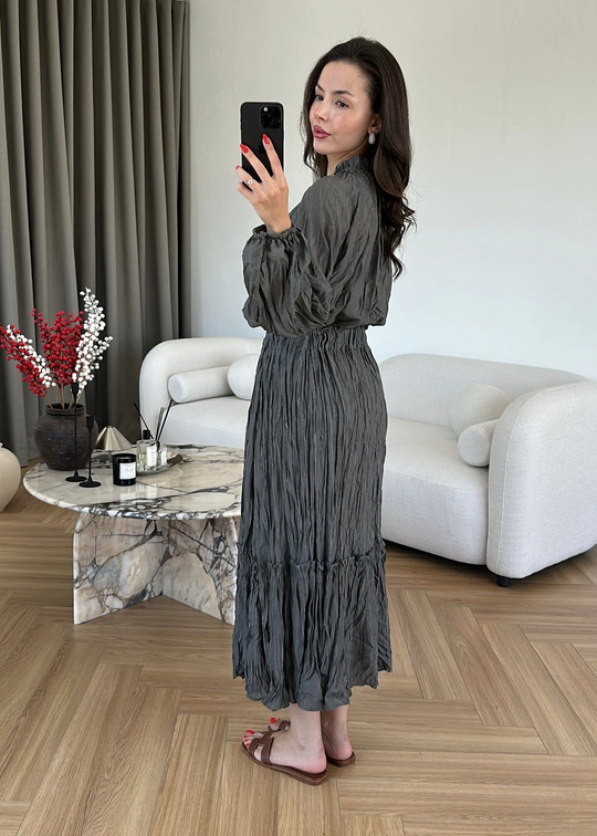 Kırışık Kumaş Etek Crop Takım ANTRASİT