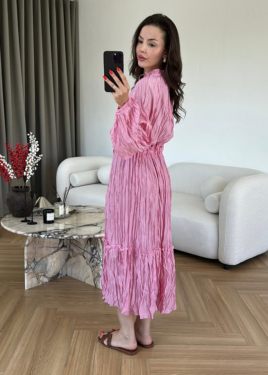 Kırışık Kumaş Etek Crop Takım PEMBE
