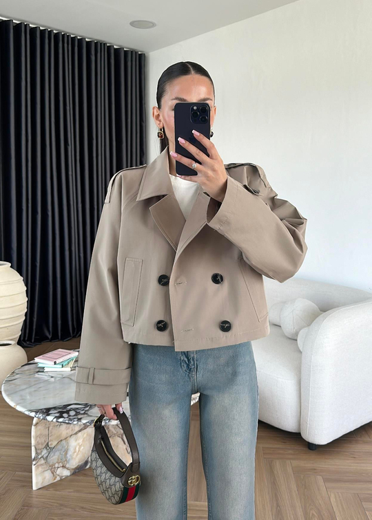 Kruvaze Crop Trençkot HAKİ