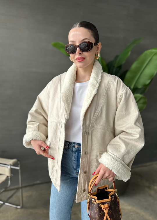 Kürklü Denim Ceket EKRU