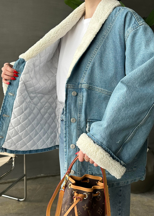 Kürklü Denim Ceket MAVİ