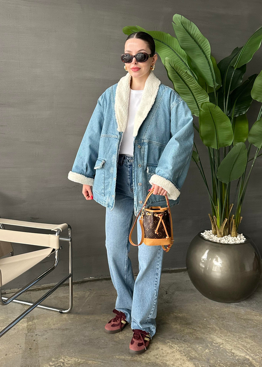 Kürklü Denim Ceket MAVİ