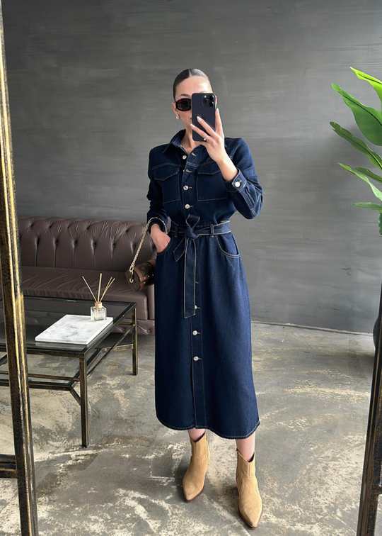Kuşaklı Uzun Denim Elbise LACİVERT