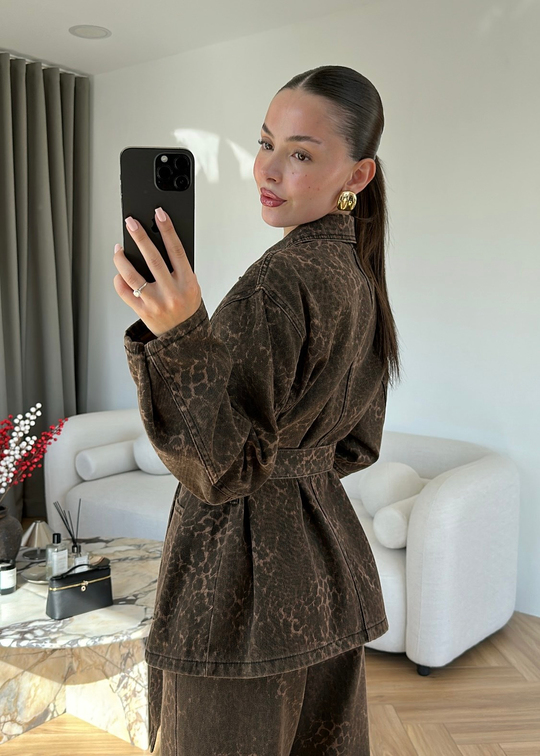 Leopar Desenli Denim Takım KAHVERENGİ