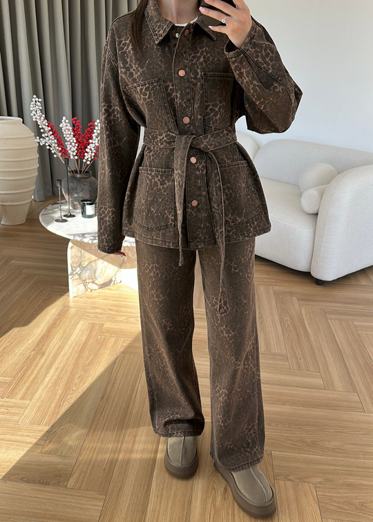 Leopar Desenli Denim Takım KAHVERENGİ