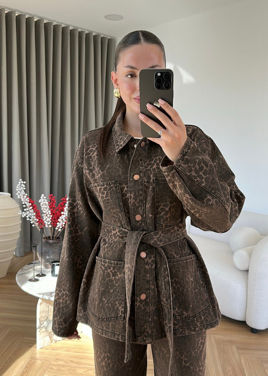 Leopar Desenli Denim Takım KAHVERENGİ