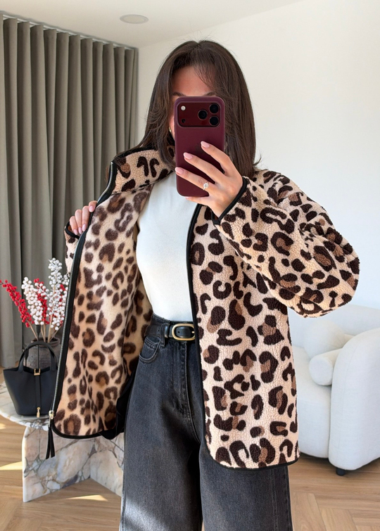Leopar Desenli Fermuarlı Peluş Ceket KAHVERENGİ