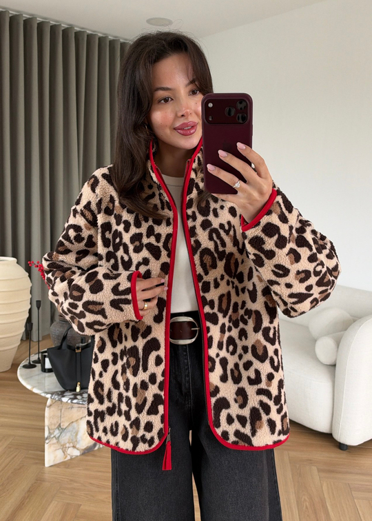 Leopar Desenli Fermuarlı Peluş Ceket KIRMIZI
