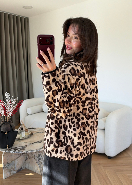 Leopar Desenli Fermuarlı Peluş Ceket KAHVERENGİ