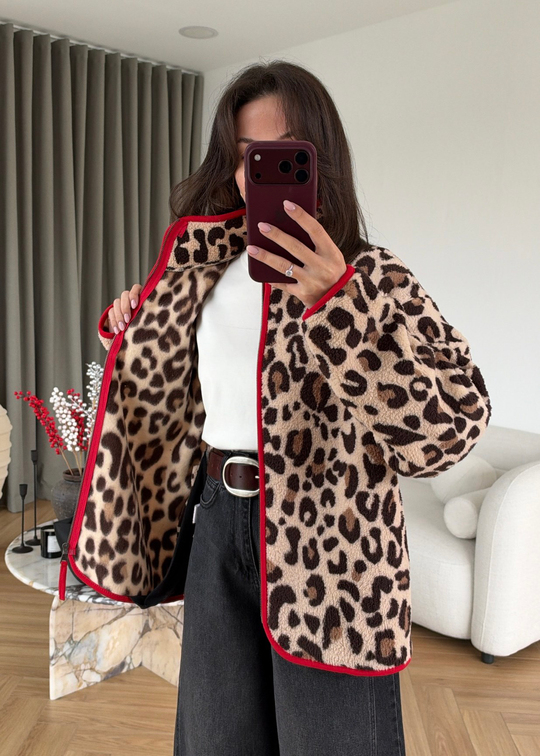 Leopar Desenli Fermuarlı Peluş Ceket KIRMIZI