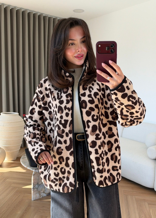 Leopar Desenli Fermuarlı Peluş Ceket KAHVERENGİ