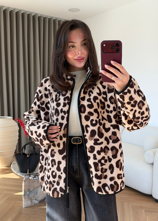 Leopar Desenli Fermuarlı Peluş Ceket KAHVERENGİ
