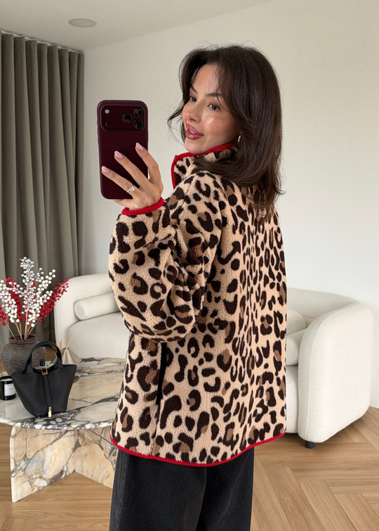 Leopar Desenli Fermuarlı Peluş Ceket KIRMIZI