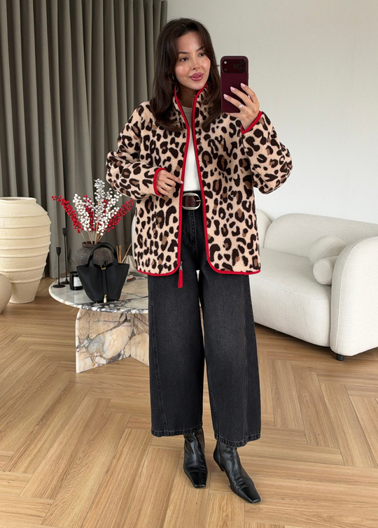Leopar Desenli Fermuarlı Peluş Ceket KIRMIZI