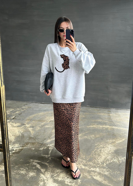 Leopar Detaylı Sweatshirt AÇIK GRİ