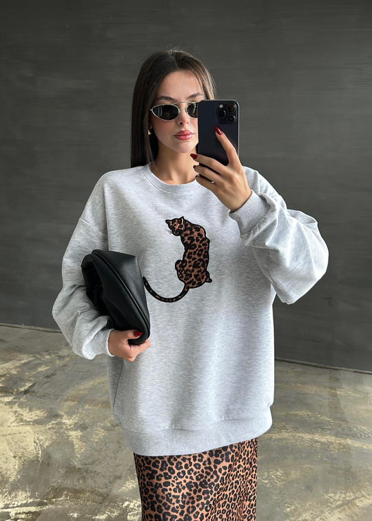 Leopar Detaylı Sweatshirt AÇIK GRİ