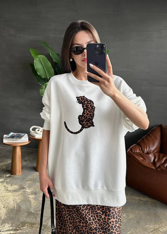Leopar Detaylı Sweatshirt BEYAZ