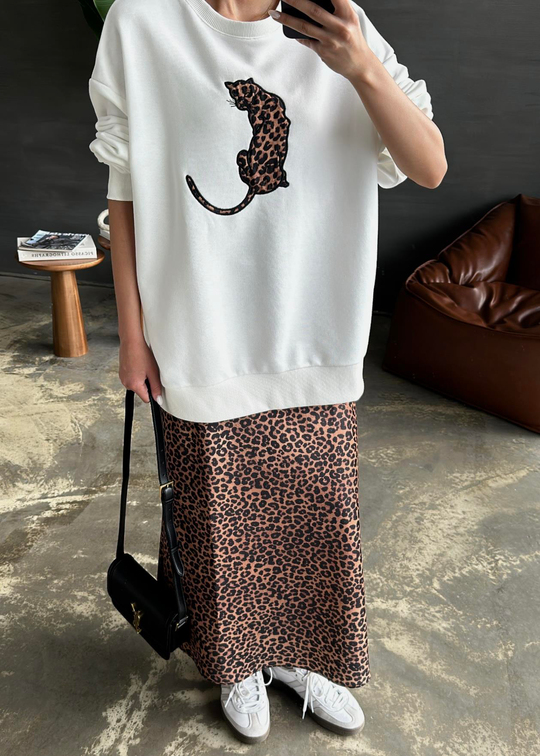 Leopar Detaylı Sweatshirt BEYAZ