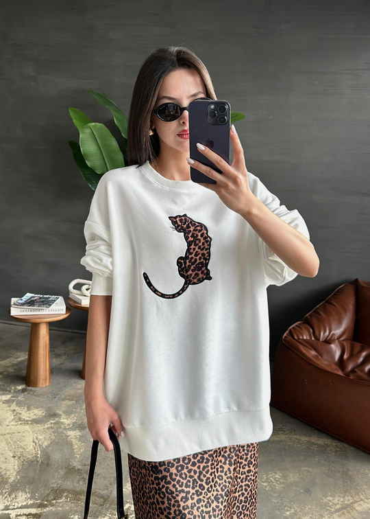 Leopar Detaylı Sweatshirt BEYAZ