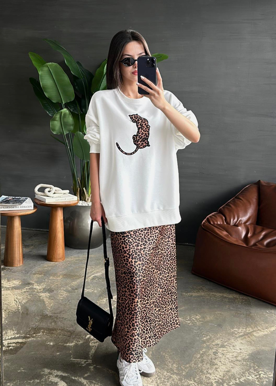 Leopar Detaylı Sweatshirt BEYAZ