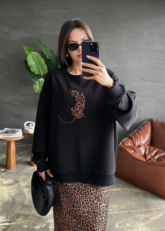 Leopar Detaylı Sweatshirt SİYAH