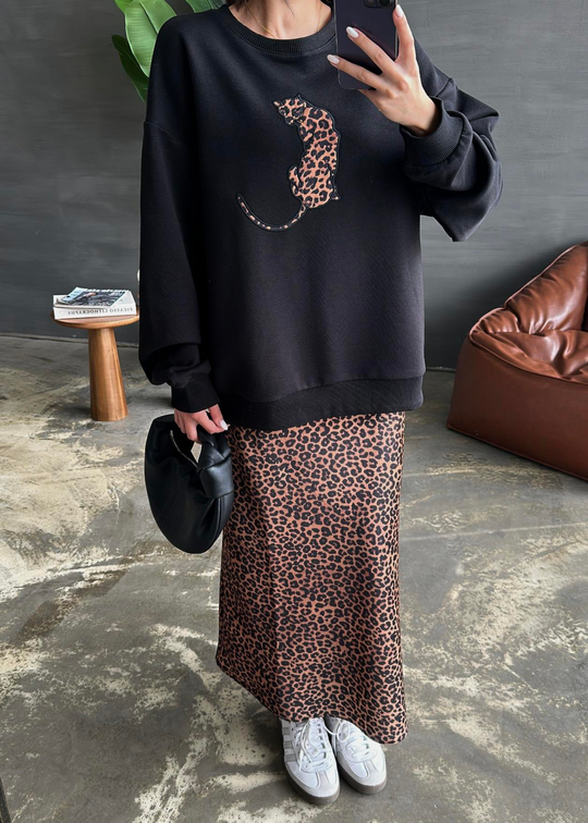 Leopar Detaylı Sweatshirt SİYAH