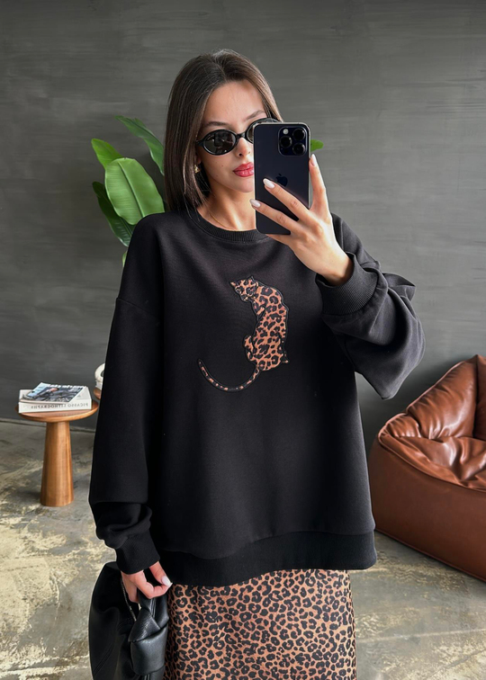 Leopar Detaylı Sweatshirt SİYAH