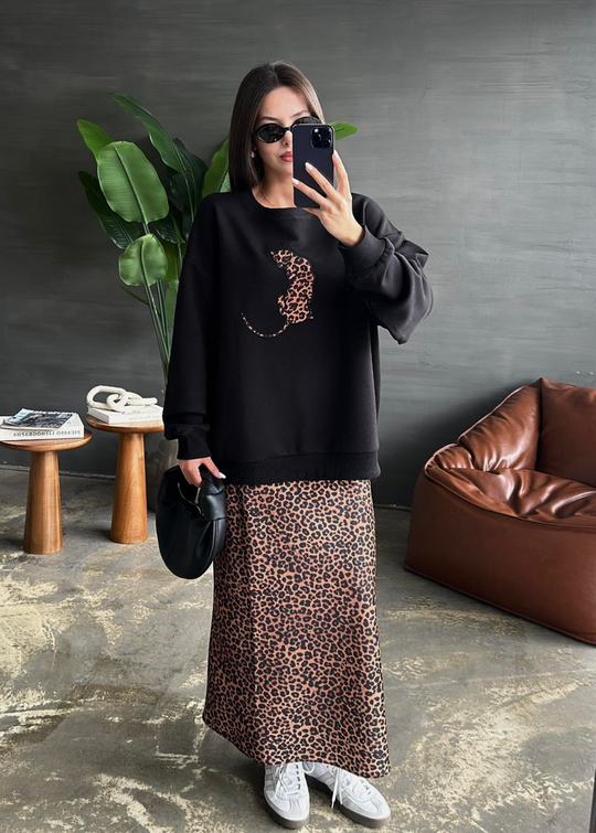 Leopar Detaylı Sweatshirt SİYAH