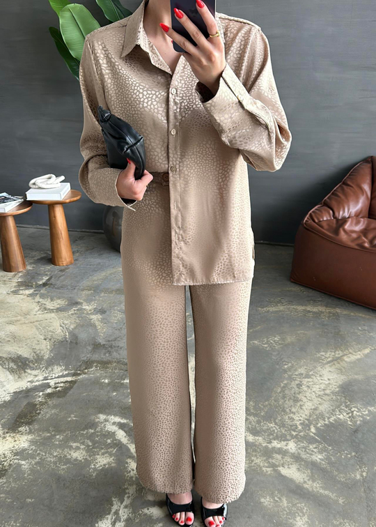 Leopar Jakarlı Pantolonlu Takım BEJ