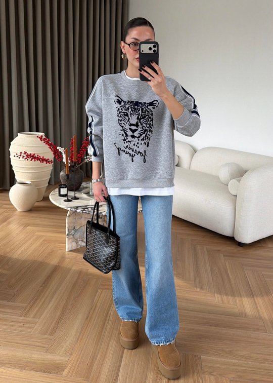 Leopord Baskılı Sweat GRİ