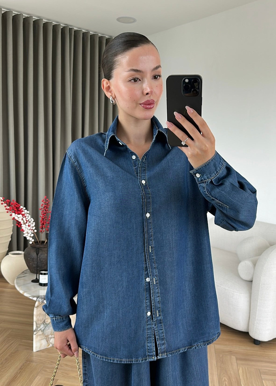Liora Denim Tensel Gömlek Koyu Mavi