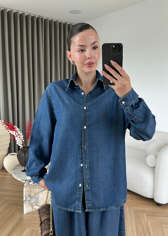 Liora Denim Tensel Gömlek Koyu Mavi