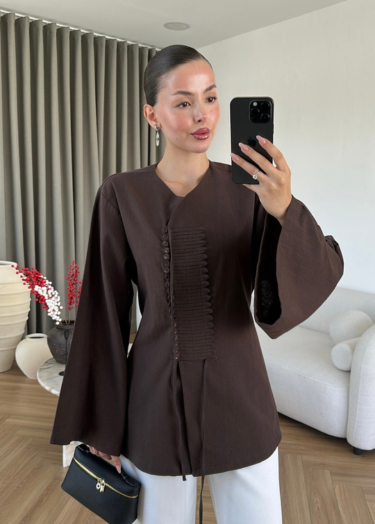 Lurea Çok Düğmeli Keten Gömlek ACI KAHVE