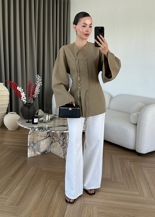 Lurea Çok Düğmeli Keten Gömlek HAKİ