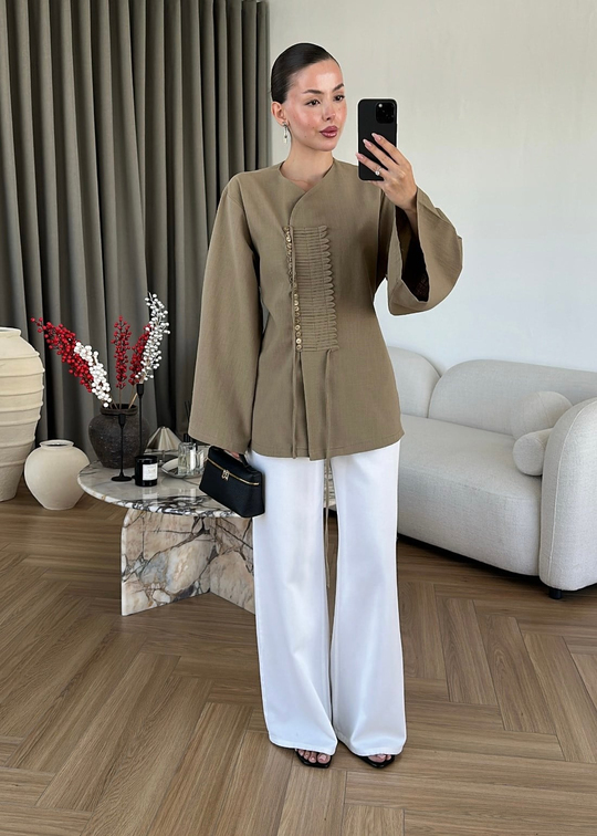 Lurea Çok Düğmeli Keten Gömlek HAKİ