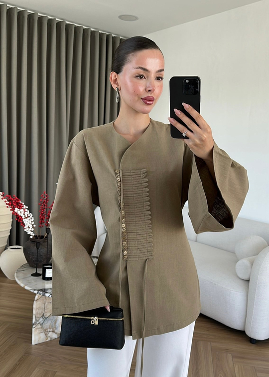 Lurea Çok Düğmeli Keten Gömlek HAKİ