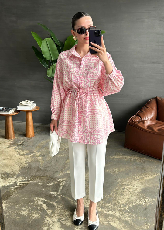 Mandala Desenli Bağlamalı Gömlek PEMBE