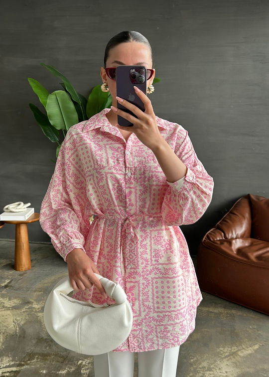 Mandala Desenli Bağlamalı Gömlek PEMBE