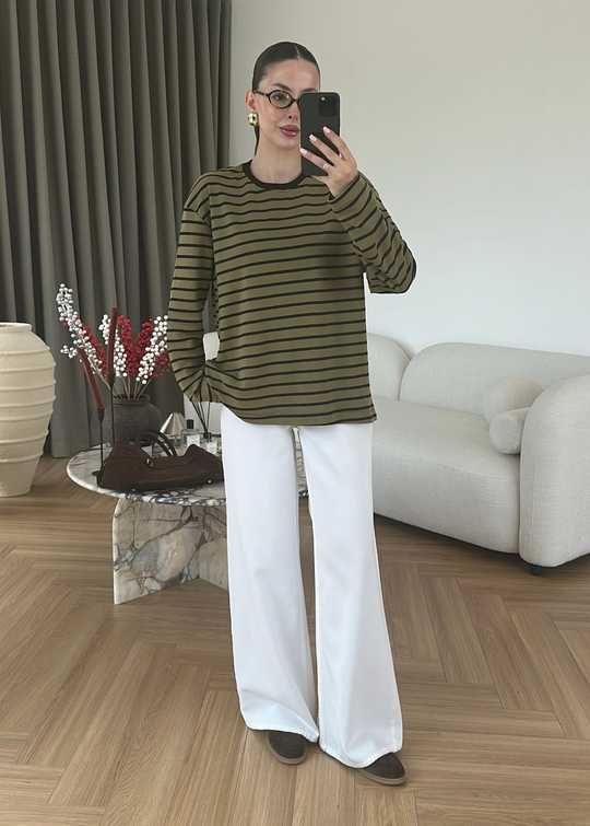 Marin Stil Çizgili Tişört HAKİ