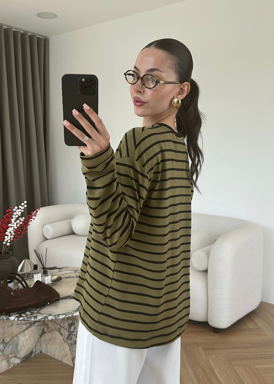 Marin Stil Çizgili Tişört HAKİ