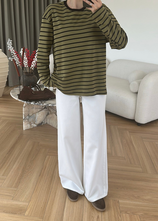 Marin Stil Çizgili Tişört HAKİ
