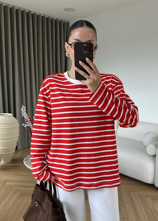 Marin Stil Çizgili Tişört KIRMIZI