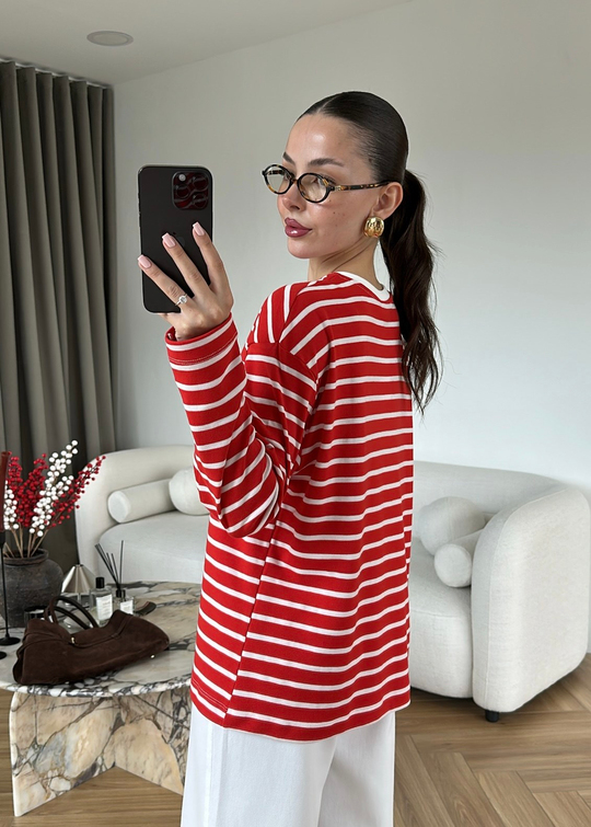 Marin Stil Çizgili Tişört KIRMIZI