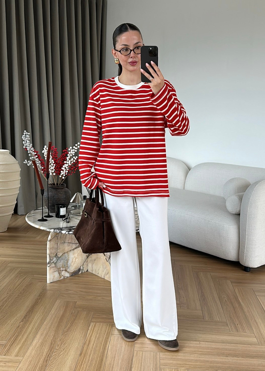 Marin Stil Çizgili Tişört KIRMIZI