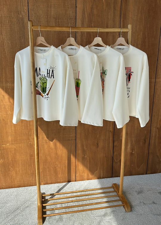 Matcha Baskılı Uzun Kollu Tişört EKRU