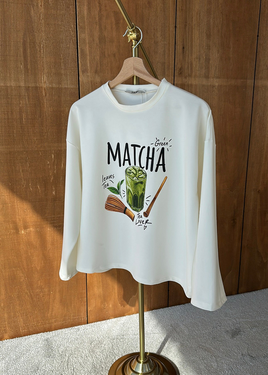 Matcha Baskılı Uzun Kollu Tişört EKRU