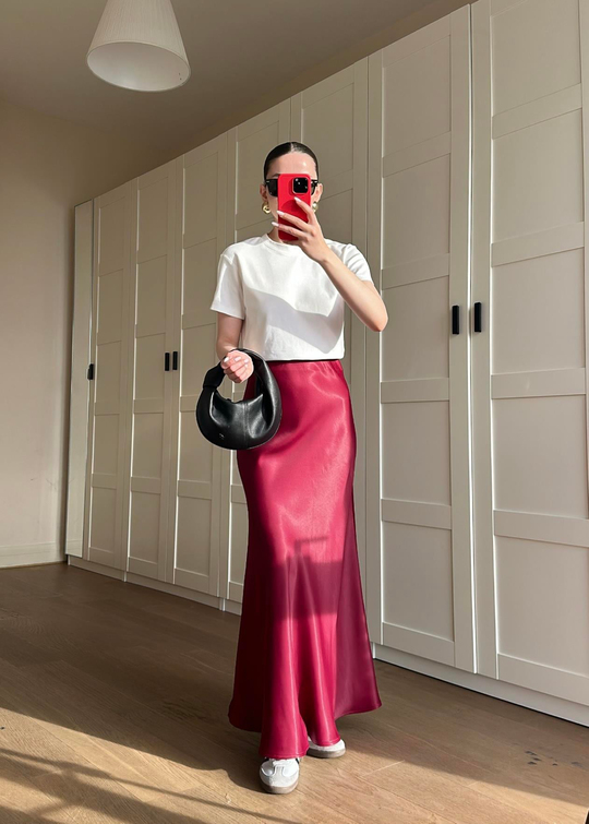 Maxi Balık Model Saten Etek BORDO