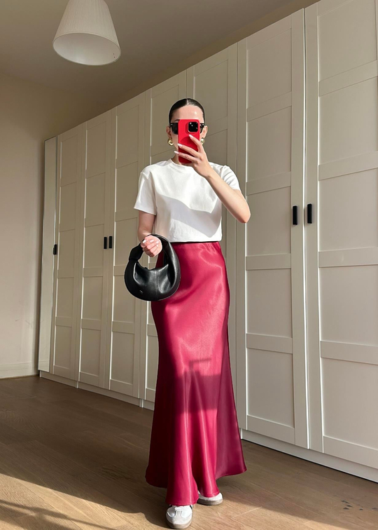 Maxi Balık Model Saten Etek BORDO